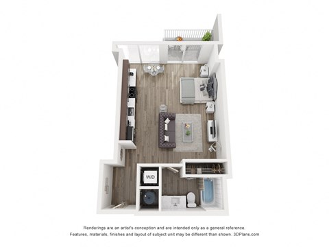 Floor plan for studio, 1 bath, 577 sqft